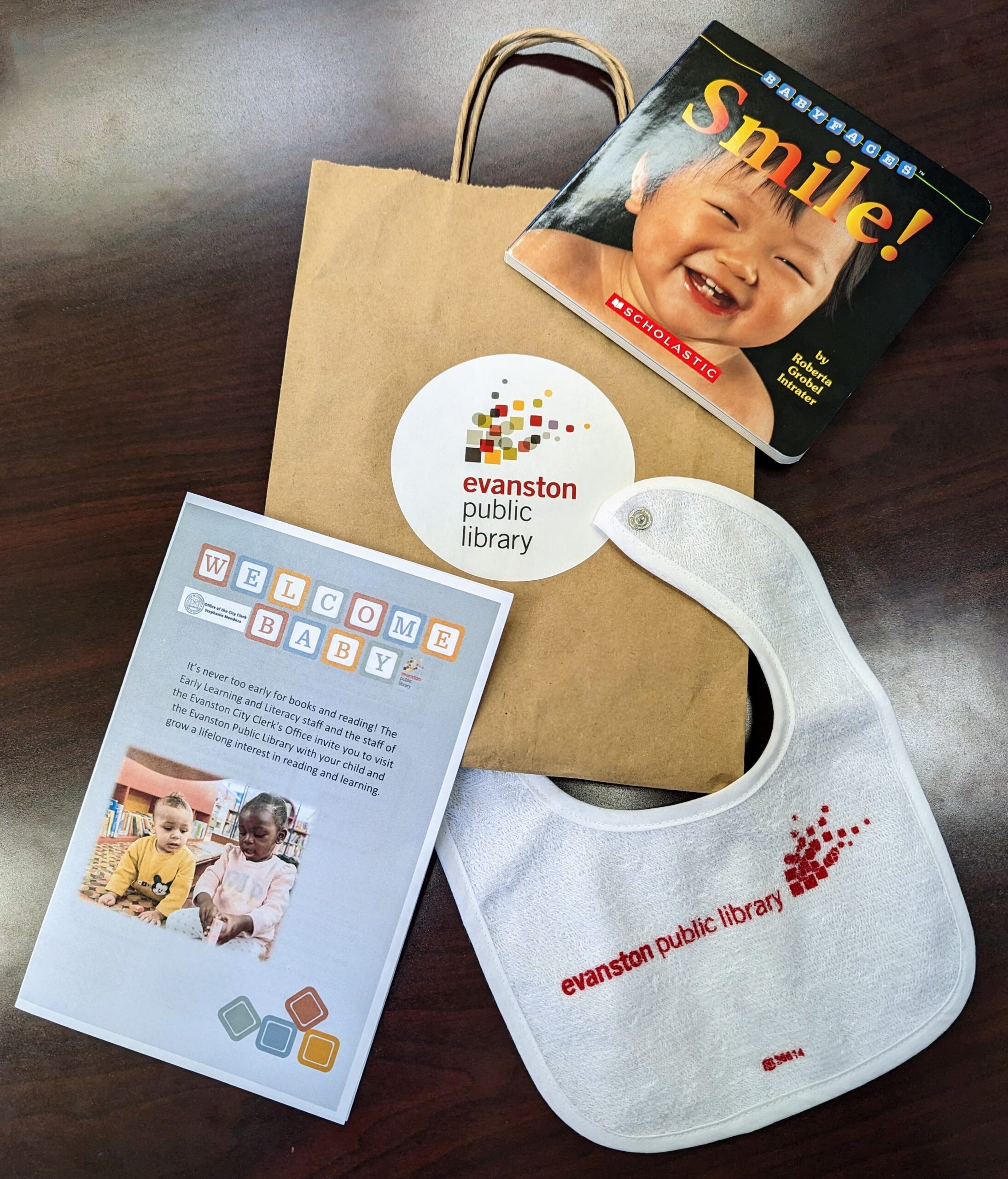 Welcome Baby kits include a baby book, EPL bib, and other resources