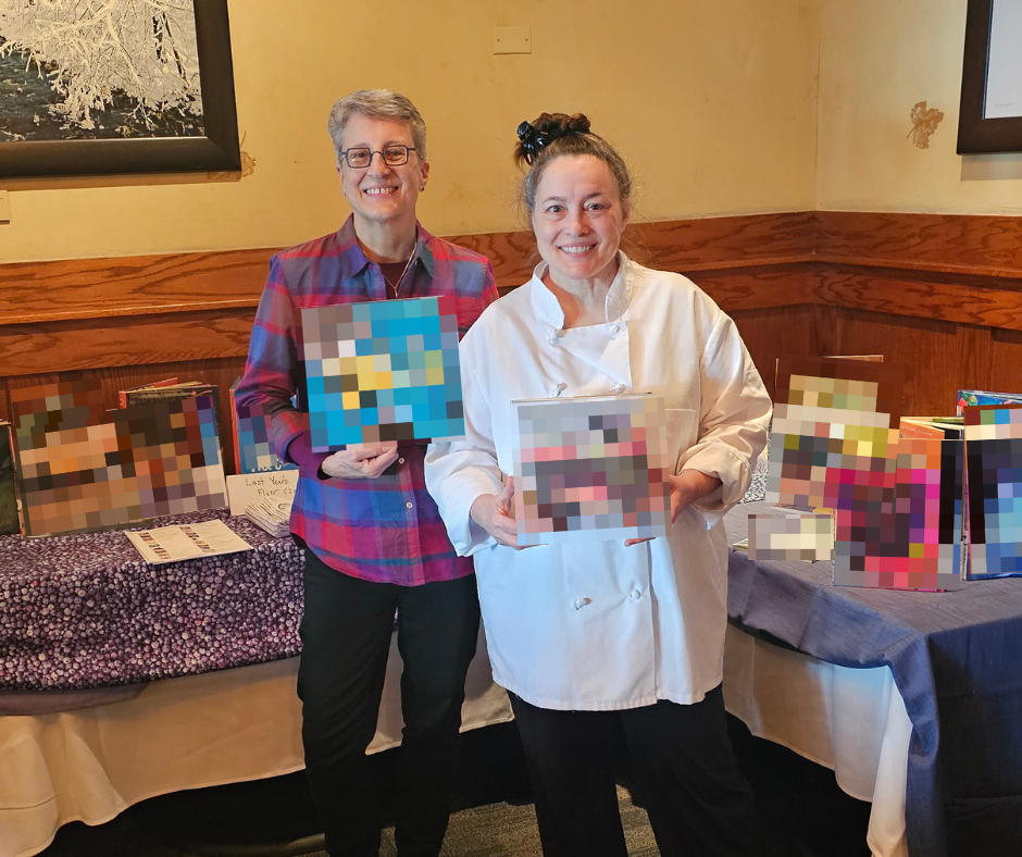 A librarian and a chef holding picture books. The covers have been blurred out.